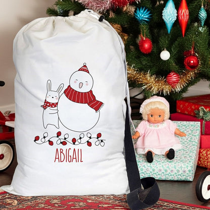 Personalized christmas gift sack featuring a snowman and bunny, perfect for holiday gifting