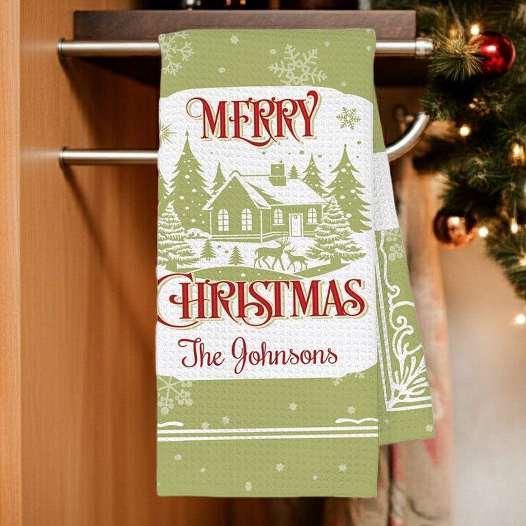 Personalized waffle weave Christmas kitchen dish towel featuring a festive design with Merry Christmas and custom name