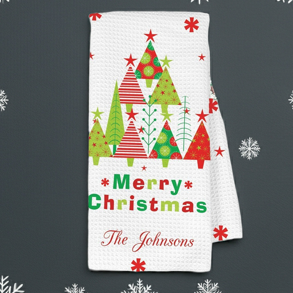 Personalized Christmas kitchen dish towel featuring festive trees and Merry Christmas design