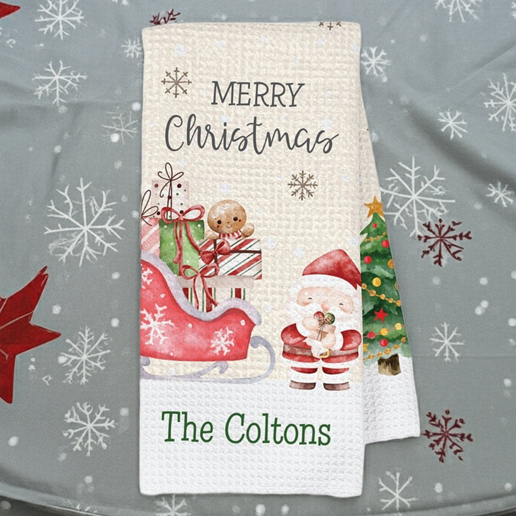 Personalized Christmas kitchen dish towel featuring Santa and holiday gifts for festive kitchen decor