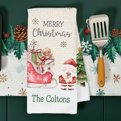 Personalized Christmas kitchen hand towel featuring Santa sleigh snowman and festive decorations for holiday cheer