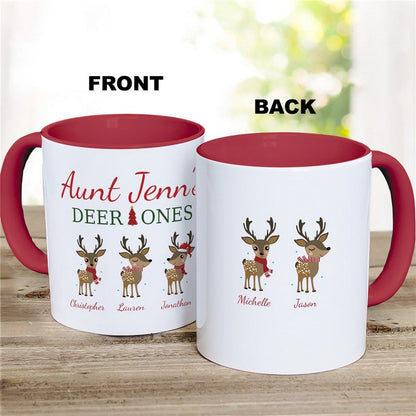 Personalized Christmas mug featuring festive reindeer design and custom names for holiday cheer