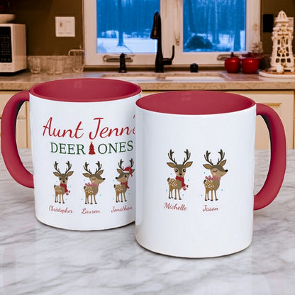 Personalized Christmas mug featuring reindeer design and names for festive gifting