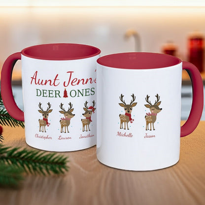 Personalized Christmas mug featuring reindeer design with names for a festive holiday gift