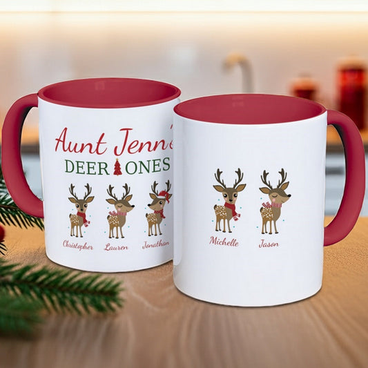 Personalized Christmas mug featuring reindeer design with names for a festive holiday gift