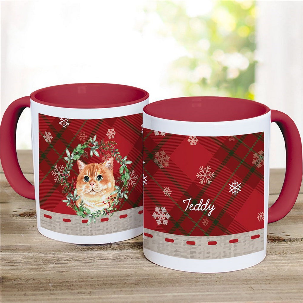 Personalized Christmas mug featuring a cat design and festive red plaid pattern with custom name Teddy