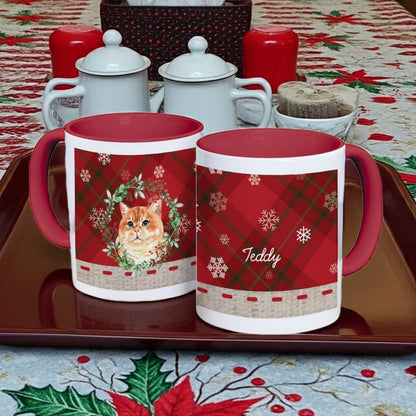 Personalized Christmas mug featuring a festive plaid design and a cat illustration for holiday cheer