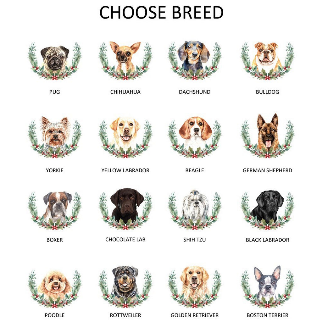 Personalized Christmas mug featuring various dog breeds with festive wreath designs