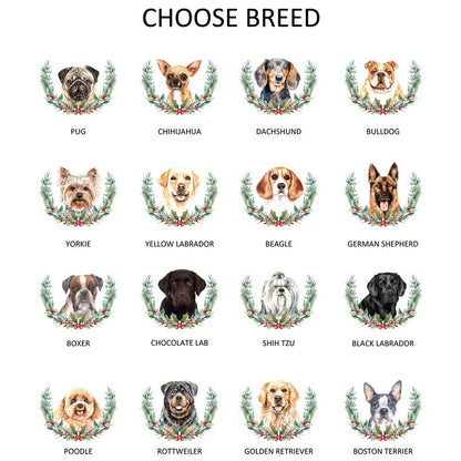 Personalized Christmas mug featuring various dog breeds with festive wreath designs