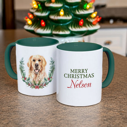 Personalized Christmas mug featuring a golden retriever and festive message for heartfelt gifting