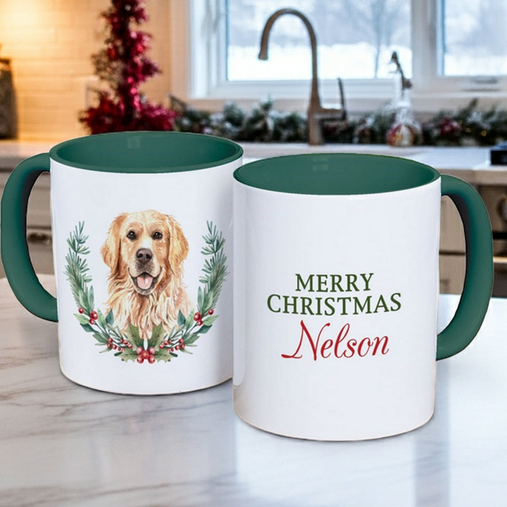 Personalized Christmas mug featuring a golden retriever and festive lettering for a personalized touch