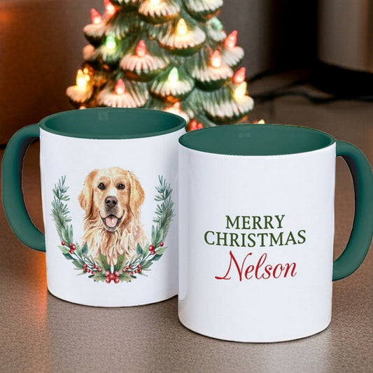 Personalized Christmas mug featuring a golden retriever and the name Nelson in festive design