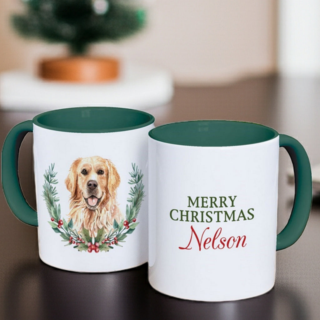 Personalized Christmas mug featuring a golden retriever and festive wreath design with the name Nelson