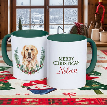 Personalized Christmas mug featuring a golden retriever and the name Nelson for festive enjoyment
