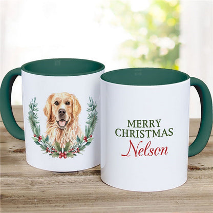 Personalized Christmas mug featuring a golden retriever and a festive Merry Christmas Nelson design
