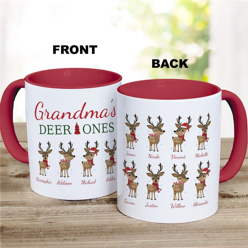 Personalized Christmas mug featuring reindeer designs and family names for a festive holiday gift