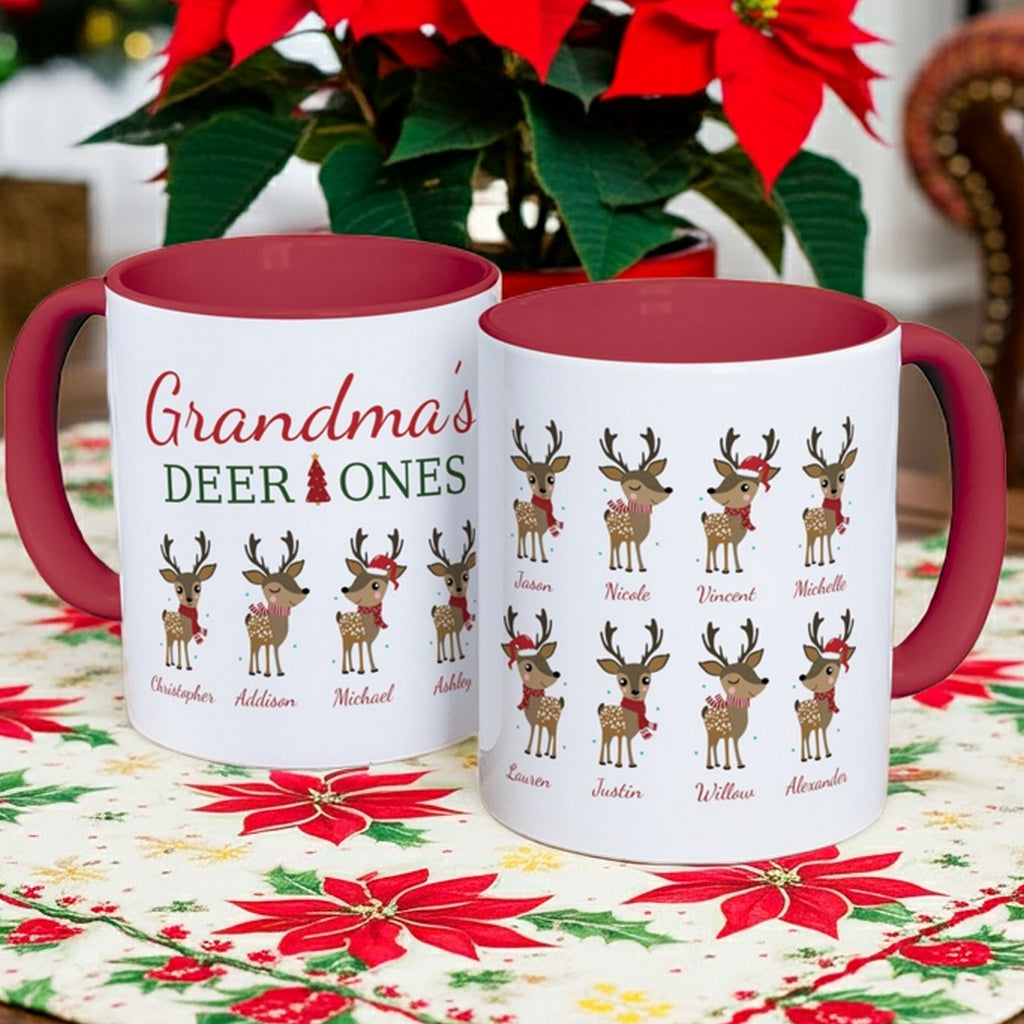 Personalized Christmas mug featuring Grandma's Deer Ones design with names and festive reindeer illustrations