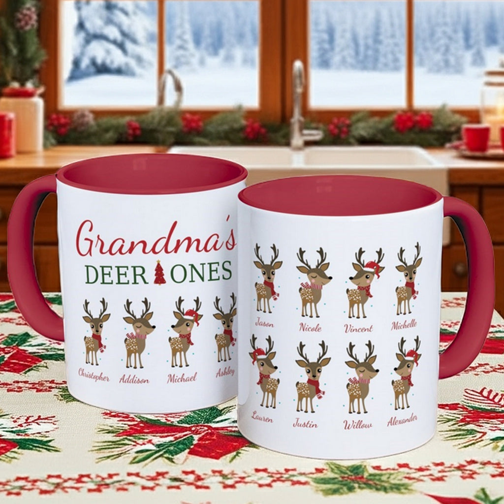 Personalized Christmas mug featuring reindeer designs and custom names for a festive holiday vibe