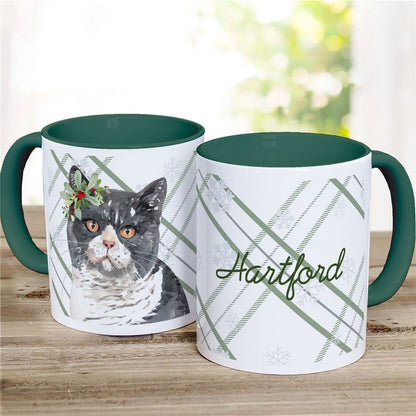 Personalized Christmas mug featuring a cat illustration and green handle with plaid design