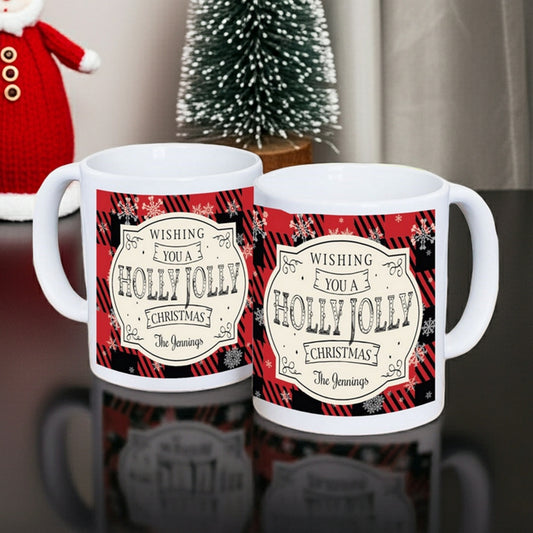 Personalized Christmas mug featuring a festive design with Holly Jolly Christmas message and custom name