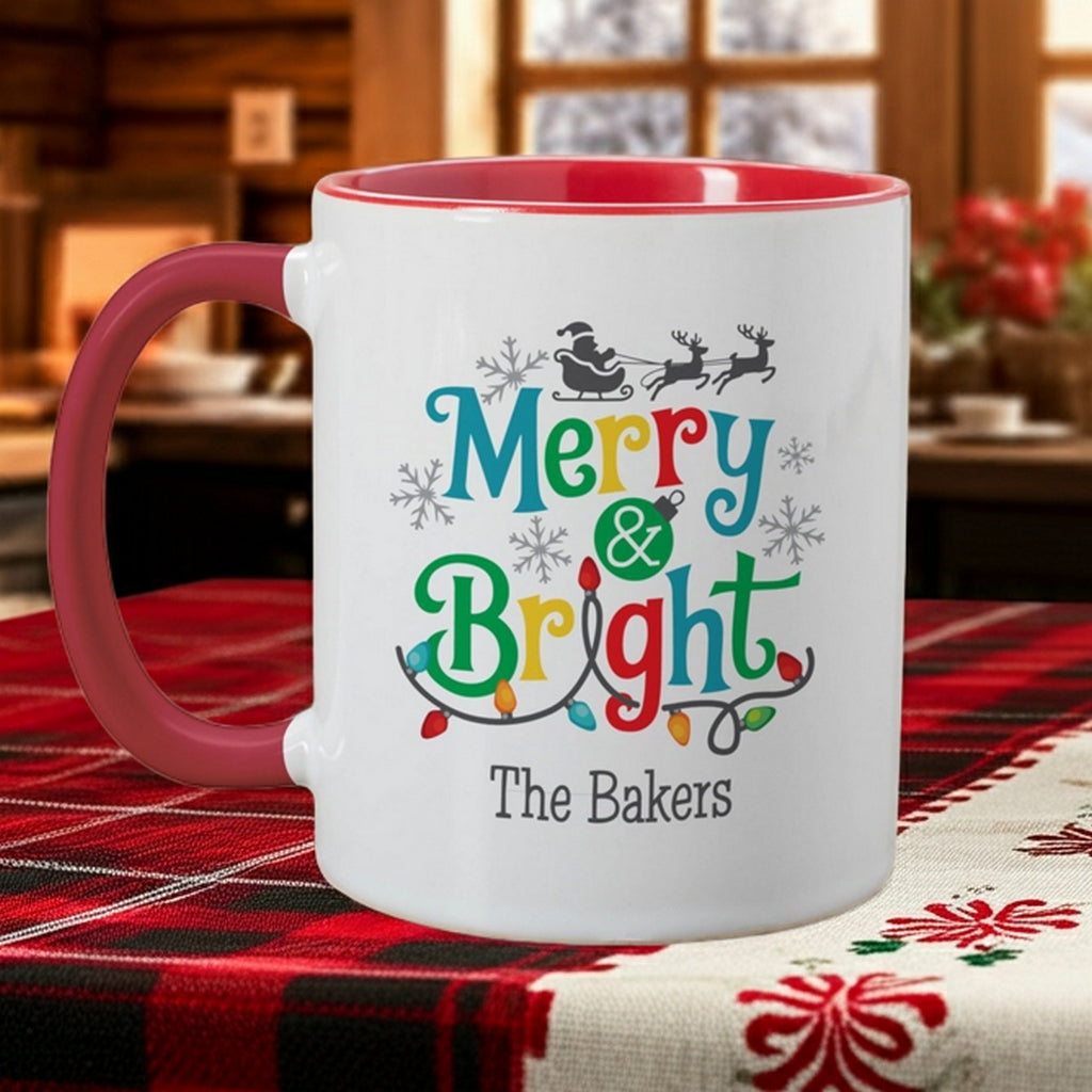 Personalized Christmas mug featuring 'Merry & Bright' with festive designs and red handle
