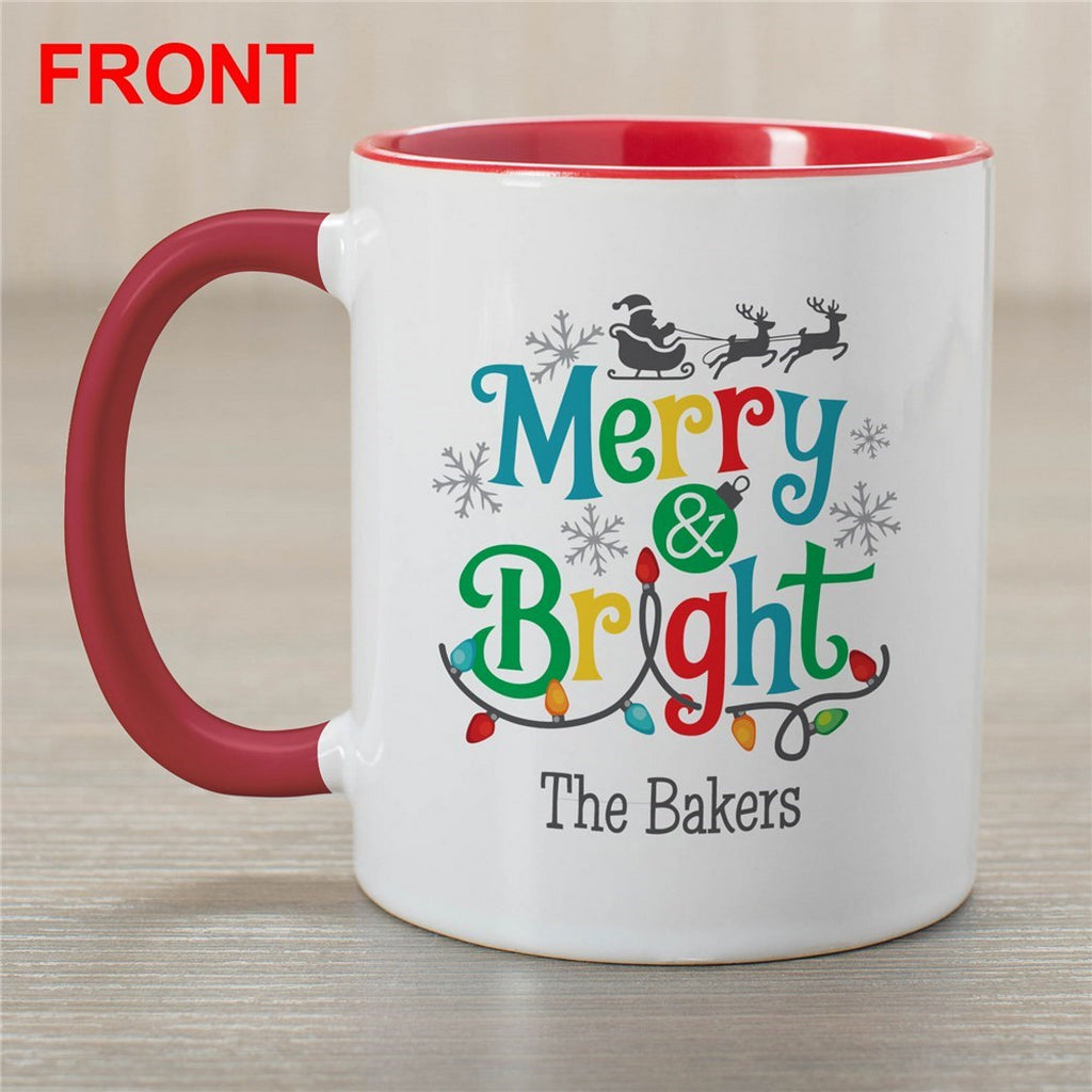 Personalized Christmas mug featuring colorful 'Merry & Bright' design with festive elements