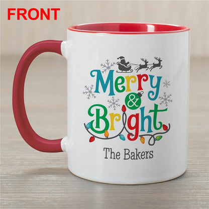 Personalized Christmas mug featuring colorful 'Merry & Bright' design with festive elements