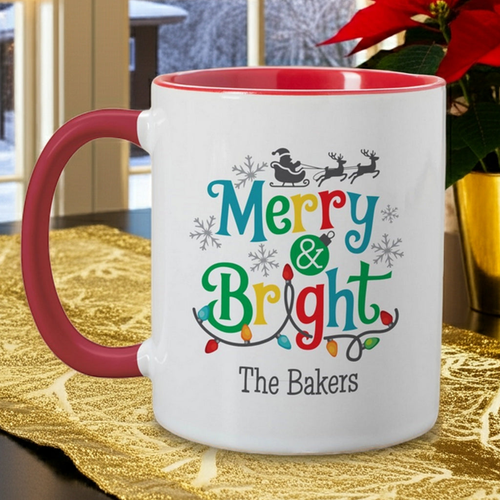 Personalized Christmas mug featuring 'Merry & Bright' design for holiday celebrations
