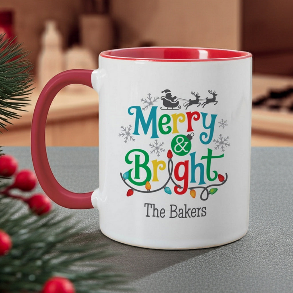 Personalized Christmas mug featuring 'Merry & Bright' design for the Bakers with festive colors and snowflakes