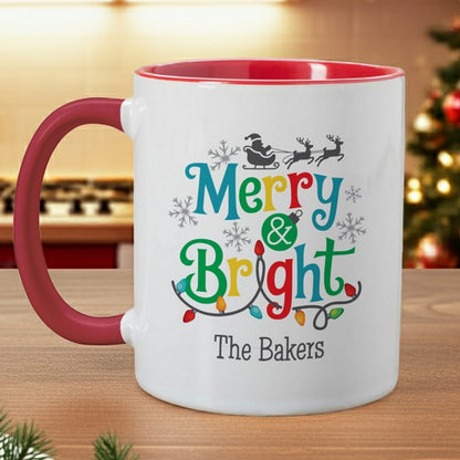 Personalized Christmas mug featuring Merry and Bright design with festive colors and holiday graphics