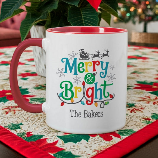 Personalized Christmas mug featuring 'Merry & Bright' design for festive holiday enjoyment