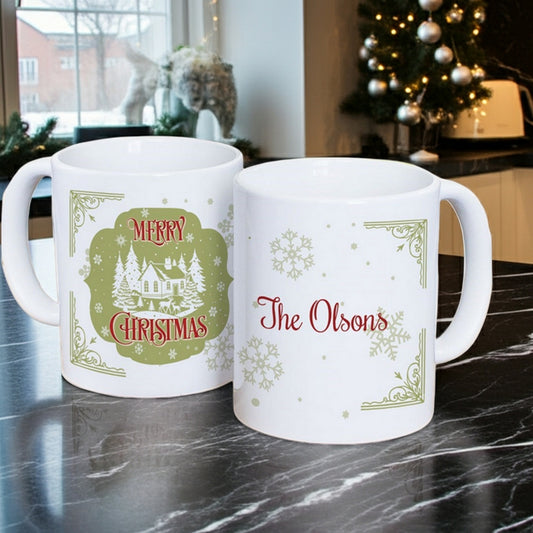 Personalized Christmas mug featuring classic cabin design and family for holiday coffee
