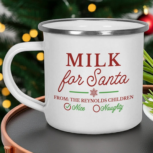 Personalized Christmas mug with Milk for Santa design, featuring Nice or Naughty checkboxes for kids' names