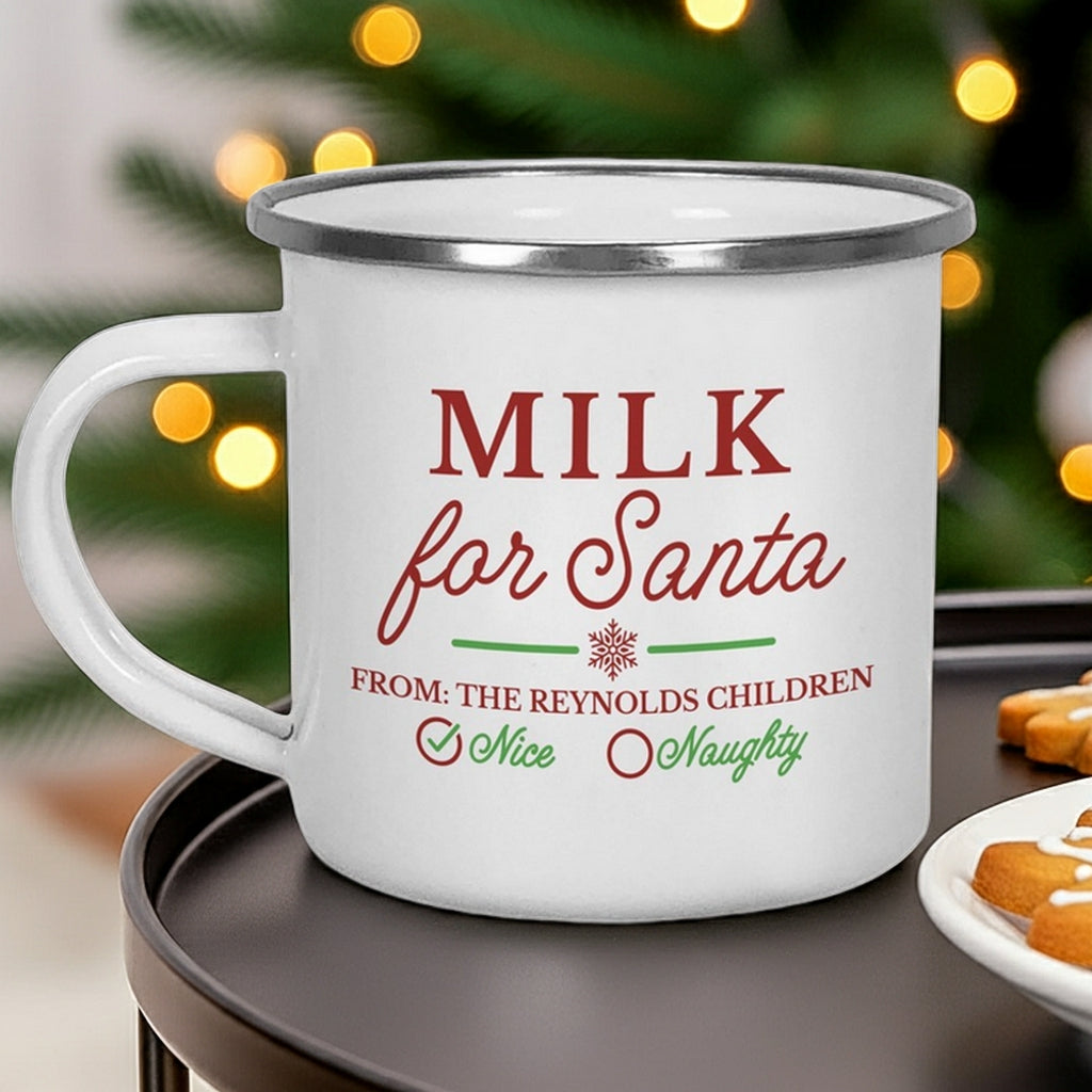 Personalized Christmas mug with festive design for Santa featuring the name Reynolds Children