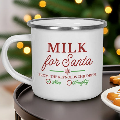 Personalized Christmas mug with festive design for Santa featuring the name Reynolds Children