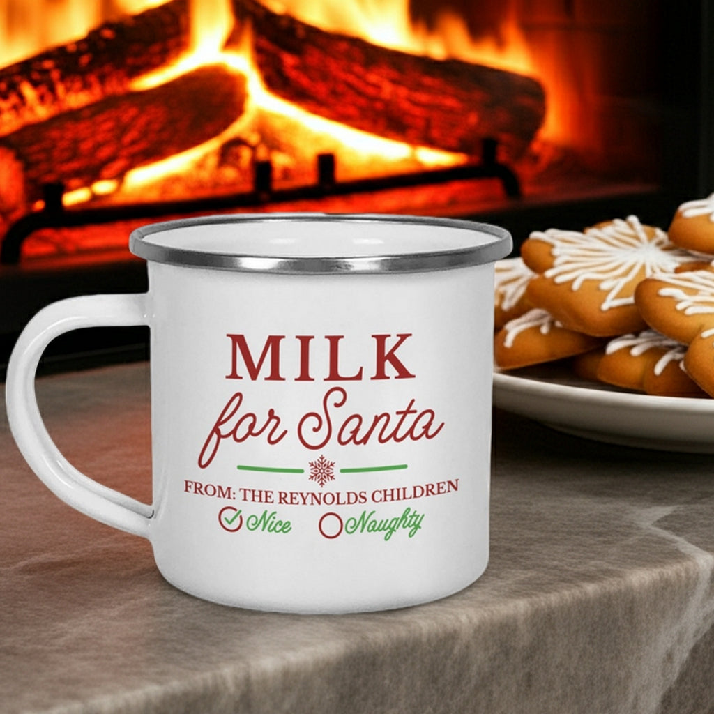 Personalized Christmas mug featuring 'Milk for Santa' design from the Reynolds Children next to cookies