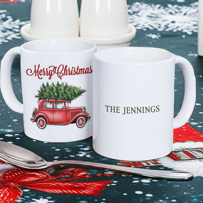 Personalized Christmas mug featuring a vintage red truck with a Christmas tree and family name on the back