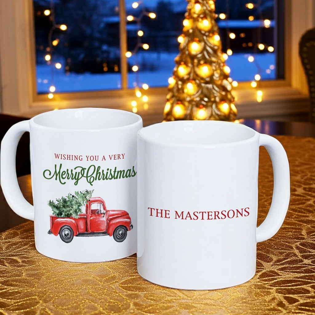 Personalized Christmas mug featuring a vintage red truck and holiday greetings for a festive gift