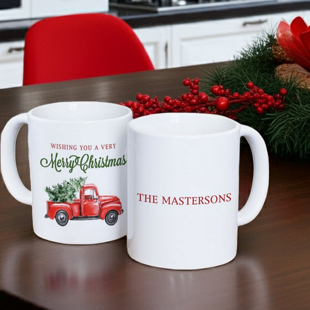 Personalized Christmas mug featuring a vintage red truck and custom name for holiday cheer