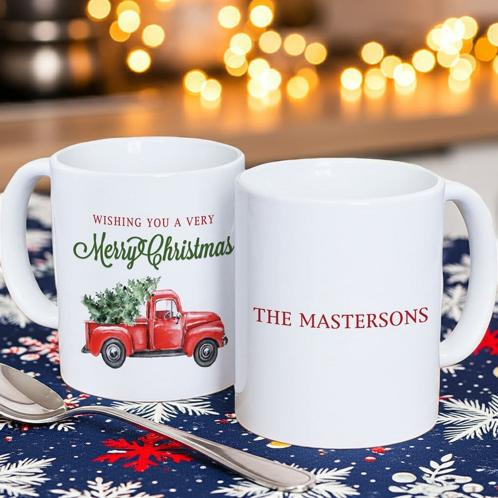 Personalized Christmas mug featuring red truck design and customizable text for holiday celebrations