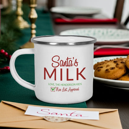 Personalized Christmas mug with Santa's Milk design on dining table with coolies and letter to Santa