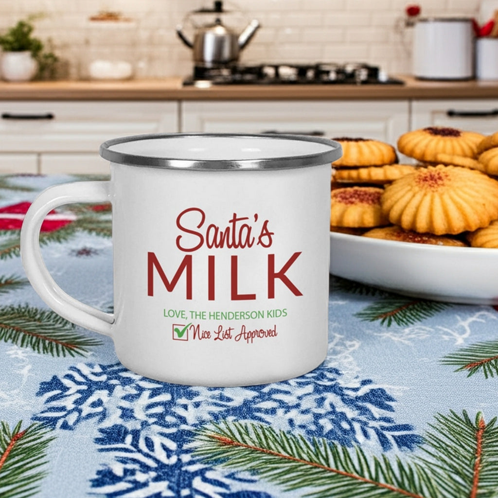 Personalized Christmas mug with 'Santa's Milk' and checklist design for holiday festivities