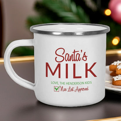 Personalized Christmas mug featuring Santa's milk design for the Henderson kids with Nice List Approved checkmark