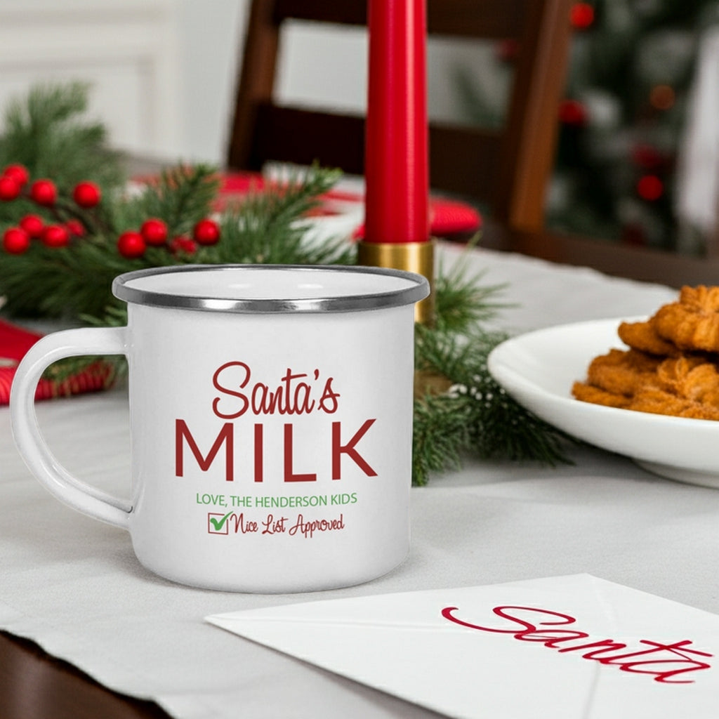 Personalized Christmas mug featuring Santa's Milk design with a plate of coolies and letter to Santa