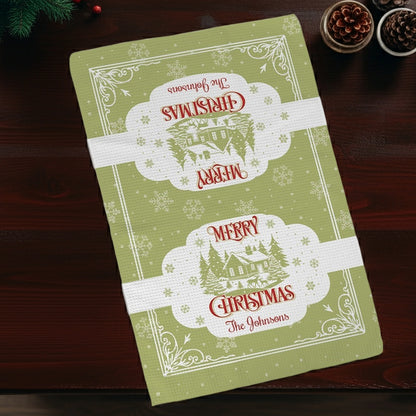 Personalized Christmas waffle weave kitchen towel in green featuring festive design and custom name print