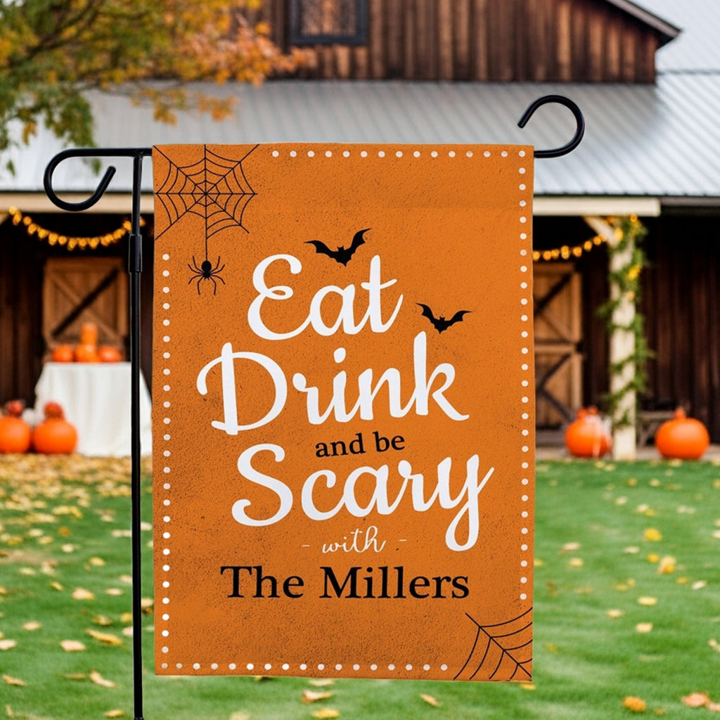 Halloween garden flag orange Eat Drink and be Scary personalized The Millers with spider webs bats pumpkins in front of barn