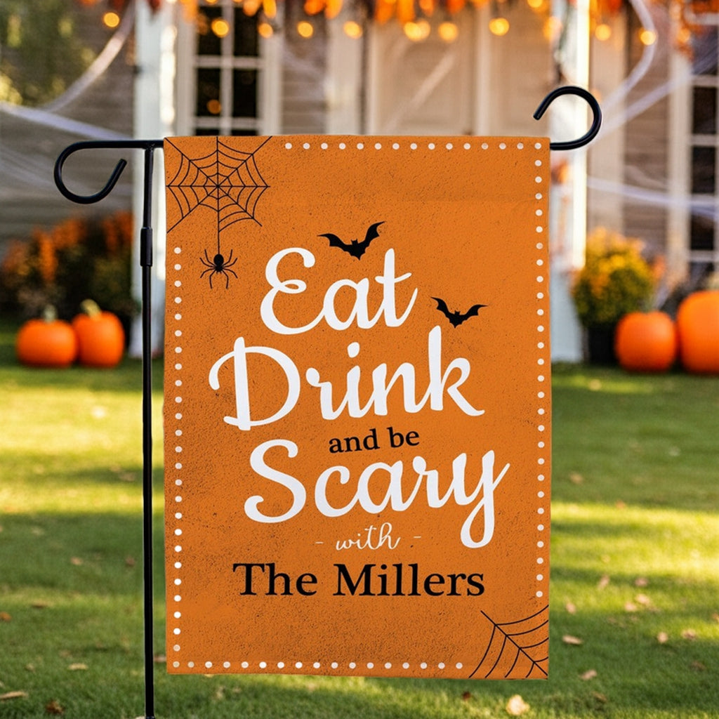 Halloween garden flag orange personalized Eat Drink and be Scary design with bats and spiderwebs The Millers
