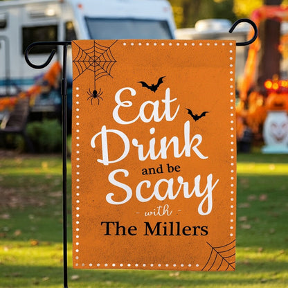 Halloween garden flag orange Eat Drink and be Scary with The Millers bats spider webs