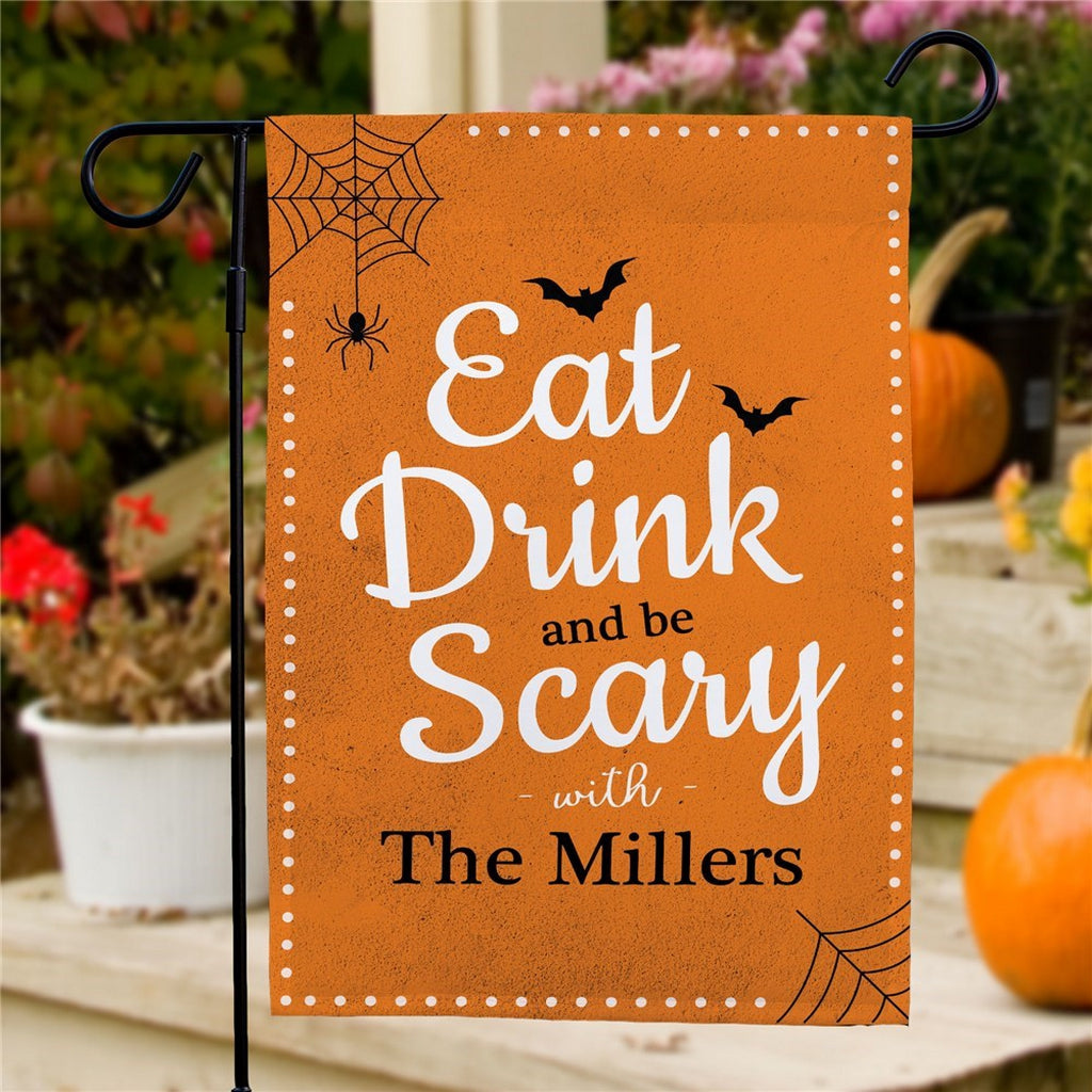 Halloween garden flag orange Eat Drink and be Scary personalized The Millers with bats and spider webs