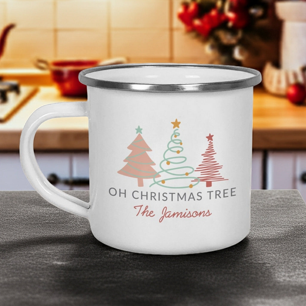 Personalized enamel Christmas mug featuring modern holiday tree designs and customizable name